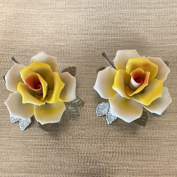 Vintage Capodimonte Style Porcelain Yellow Rose on Silver Tone Metal Petals - Picture 2 of 7